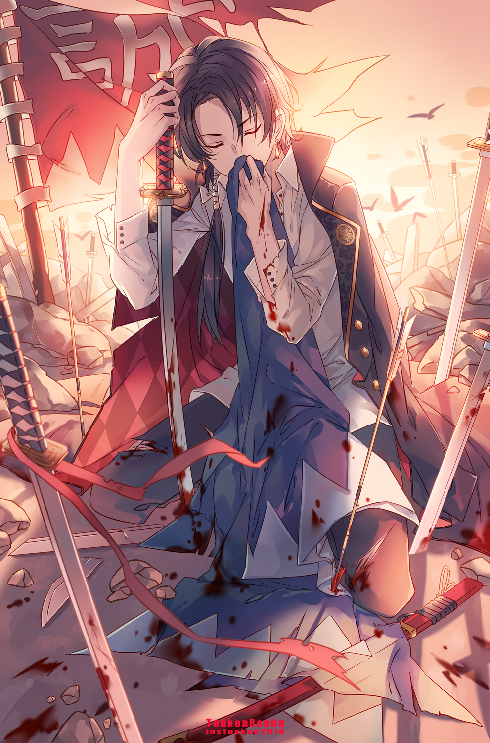 1boy arrow artist_name bird blood broken broken_sword broken_weapon copyright_name cuts dated earrings highres injury instockeee jewelry kashuu_kiyomitsu long_hair male_focus outdoors ponytail sheath solo sword torn_clothes touken_ranbu weapon