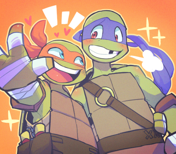 2boys bandages blue_eyes blush brothers donatello face_mask green_skin hono1212 mask michelangelo multiple_boys nunchaku red_eyes siblings teenage_mutant_ninja_turtles weapon