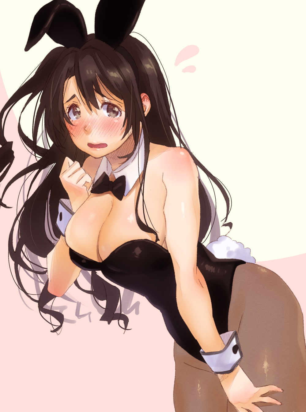 1girl animal_ears ayase_totsuki bare_shoulders blush body_blush breasts brown_hair brown_legwear bunny_girl bunny_tail bunnysuit cleavage detached_collar dutch_angle embarrassed flying_sweatdrops full-face_blush highres idolmaster idolmaster_cinderella_girls large_breasts long_hair open_mouth pantyhose rabbit_ears shimamura_uzuki solo tail wrist_cuffs