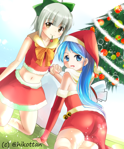 2girls :d bare_shoulders blue_eyes blue_hair bowtie brown_eyes cherry christmas christmas_tree food fruit green_hair hat kantai_collection long_hair looking_at_viewer midriff multiple_girls navel open_mouth samidare_(kantai_collection) santa_costume santa_hat short_ponytail skirt sleeveless smile twitter_username yoshizawa_hikoto yuubari_(kantai_collection)