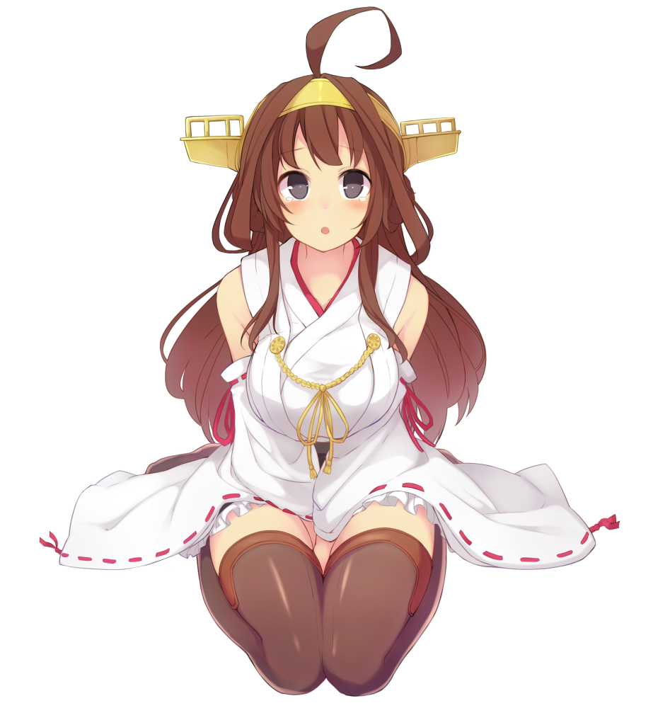 1girl ahoge black_eyes breasts brown_hair detached_sleeves hairband japanese_clothes kantai_collection kongou_(kantai_collection) large_breasts long_hair looking_at_viewer nontraditional_miko open_mouth seki_(seki461) sitting solo tears thigh-highs wide_sleeves