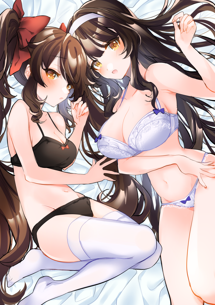 2girls armpits bare_arms bare_shoulders black_bra black_hair black_panties bow bra breasts brown_eyes brown_hair girls_frontline groin hair_bow hairband hand_up lace-trimmed_panties lace_trim large_breasts long_hair looking_at_viewer lying manya_drhr medium_breasts multiple_girls navel no_shoes on_back open_mouth panties parted_lips qbz-95_(girls_frontline) qbz-97_(girls_frontline) stomach string_bra thigh-highs thighs twintails underwear underwear_only very_long_hair white_bra white_legwear