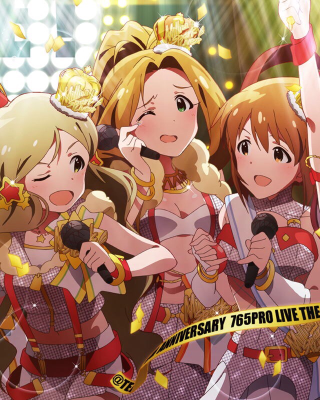 artist_request beamed_quavers brown_hair card_(medium) crown green_eyes hagiwara_yukiho handa_roko idolmaster idolmaster_million_live! jewelry jpeg_artifacts long_hair microphone necklace nikaidou_chizuru official_art one_eye_closed source_request star tears