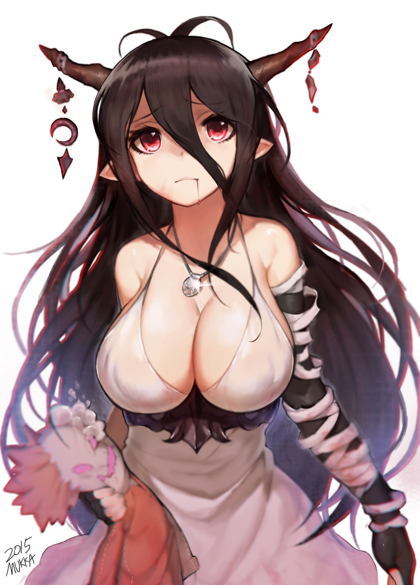 1girl antenna_hair bandages bare_shoulders black_gloves black_hair blood breasts cleavage crescent danua dress elbow_gloves fingerless_gloves gloves granblue_fantasy hair_between_eyes highres horn_ornament horns jewelry large_breasts long_hair looking_at_viewer mukka necklace pointy_ears red_eyes simple_background solo stuffed_toy white_background