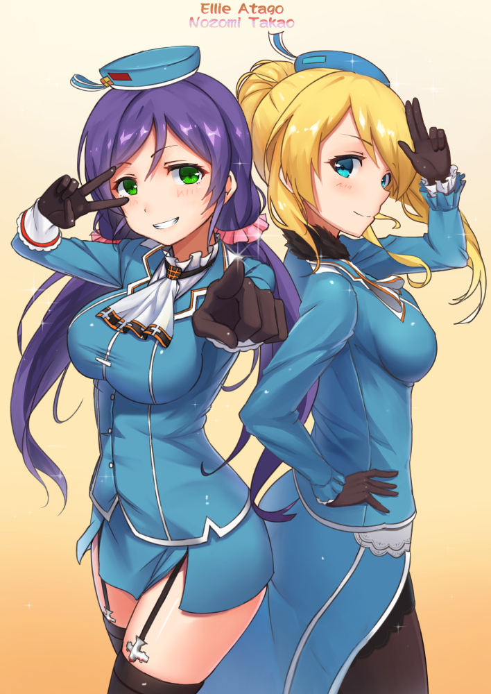 2girls atago_(kantai_collection) atago_(kantai_collection)_(cosplay) ayase_eli black_gloves blonde_hair blue_eyes blush breasts character_name cosplay garter_straps gloves green_eyes grin kantai_collection long_hair love_live!_school_idol_project multiple_girls pantyhose pointing pointing_at_viewer ponytail purple_hair short_hair smile takao_(kantai_collection) takao_(kantai_collection)_(cosplay) thigh-highs toujou_nozomi twintails v v_over_eye yi_l_chen_5