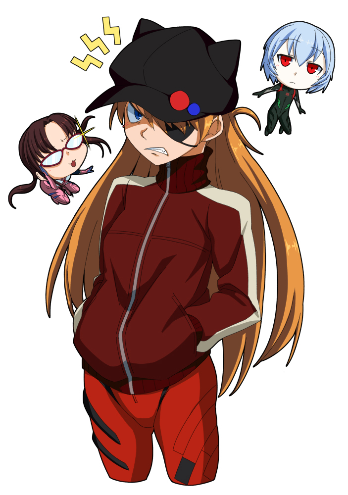 3girls angry animal_hat ayanami_rei blonde_hair blue_eyes blue_hair brown_hair cat_hat chibi clenched_teeth evangelion:_3.0_you_can_(not)_redo eyepatch glasses gon_(gontarou) hands_in_pockets hat long_hair makinami_mari_illustrious multiple_girls neon_genesis_evangelion plugsuit rebuild_of_evangelion red_eyes shikinami_asuka_langley simple_background souryuu_asuka_langley track_jacket white_background