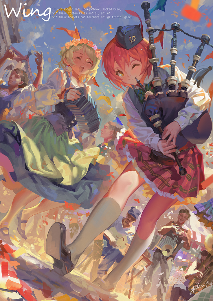 2girls alphonse_(white_datura) ayase_eli bagpipes blonde_hair brown_eyes closed_eyes concertina dress flower_wreath hat hoshizora_rin instrument kilt kneehighs love_live!_school_idol_project military_hat multiple_girls one_eye_closed plaid redhead skirt smile white_legwear