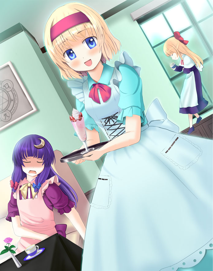 2girls a_(aaaaaaaaaaw) alice_margatroid alternate_costume apron blonde_hair blue_eyes bow closed_eyes crescent cup doll dress food hair_bow hairband ice_cream long_hair multiple_girls no_hat patchouli_knowledge purple_hair ribbon shanghai_doll short_hair smile teacup touhou
