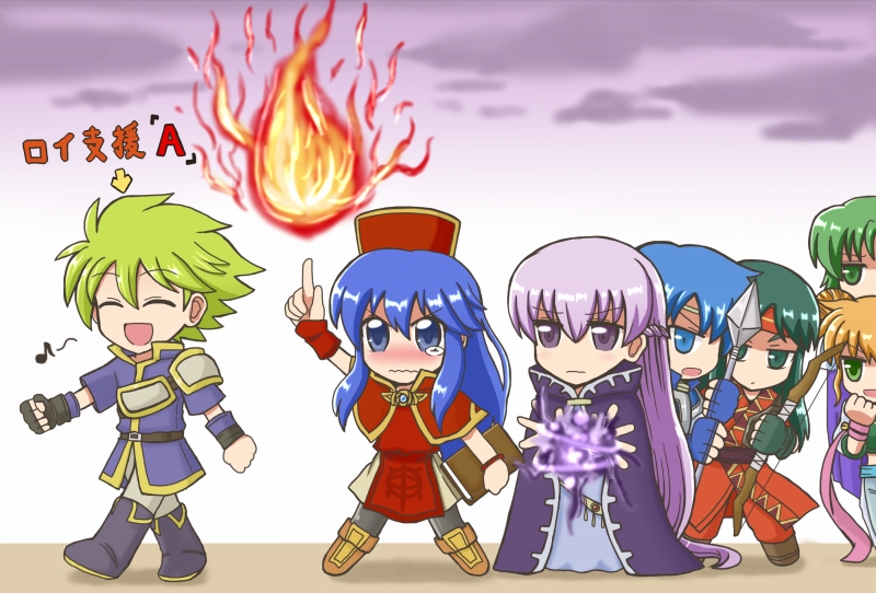 1boy 6+girls :d angry annoyed blue_eyes blue_hair blush boots bow_(weapon) cecilia_(fire_emblem) chibi closed_eyes clouds envy fire fire_emblem fire_emblem:_fuuin_no_tsurugi full-face_blush gameplay_mechanics green_eyes green_hair headband jewelry lalum lilina long_hair magic multiple_girls musical_note open_mouth orange_hair pantyhose polearm purple_hair reverse_(bluefencer) short_hair smile sofiya spear sue_(fire_emblem) thany very_long_hair violet_eyes weapon wolt