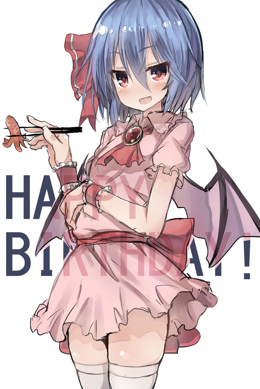 1girl 5240mosu ascot bat_wings blue_hair blush bow chopsticks colored english fang food hair_bow hair_ornament happy_birthday highres jewelry looking_at_viewer no_hat open_mouth puffy_sleeves red_eyes remilia_scarlet ribbon sash sausage shirt short_hair short_sleeves simple_background sketch skirt skirt_set smile solo text thigh-highs touhou white_background white_legwear wings wrist_cuffs zettai_ryouiki