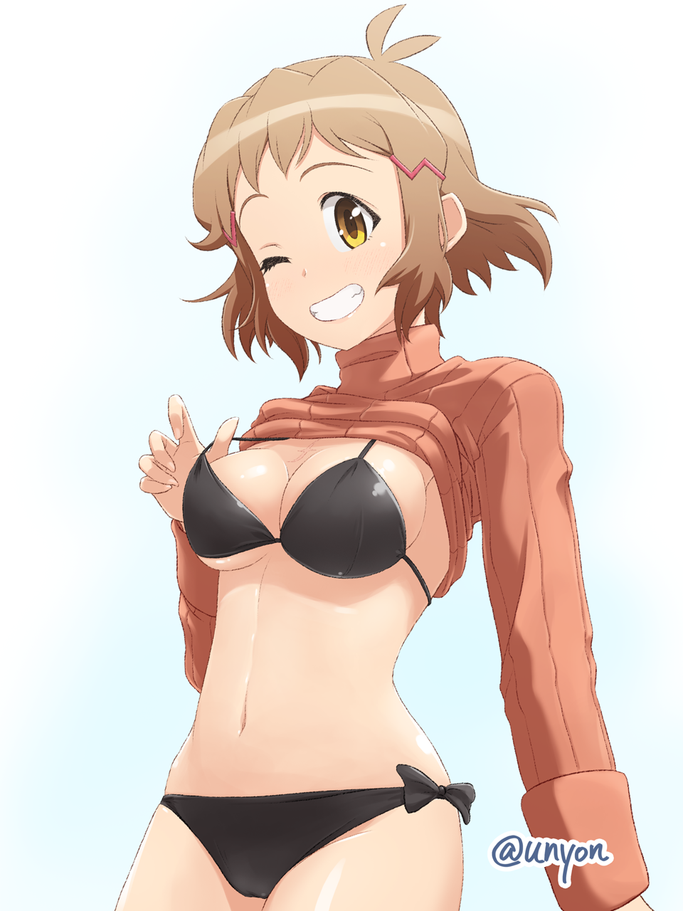 1girl ;) antenna_hair bikini bikini_under_clothes black_bikini blush breasts brown_hair cleavage grin hair_ornament hairclip highres looking_at_viewer navel one_eye_closed ribbed_sweater senki_zesshou_symphogear short_hair side-tie_bikini simple_background smile solo sweater sweater_lift swimsuit swimsuit_under_clothes tachibana_hibiki_(symphogear) twitter_username unyon yellow_eyes