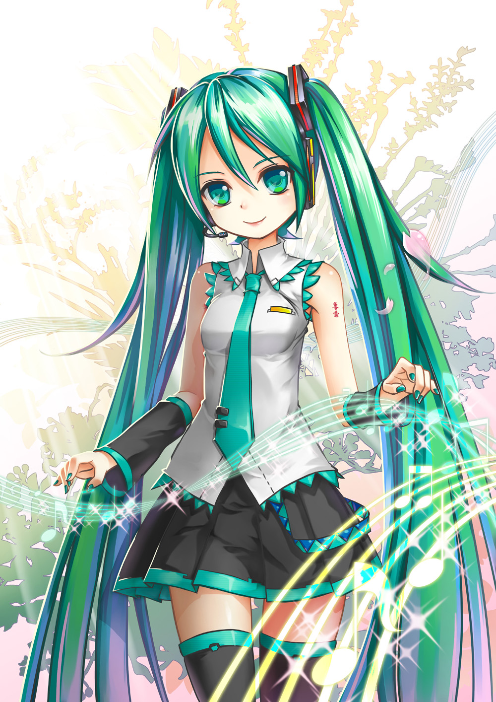 1girl crazypen detached_sleeves green_eyes green_hair hatsune_miku headset highres long_hair musical_note nail_polish necktie skirt smile solo thigh-highs twintails vocaloid