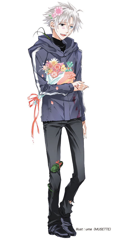 1boy artist_name blood bloody_clothes bouquet command_spell crest_worm fate/zero fate_(series) flower gift hair_flower hair_ornament hoodie matou_kariya pants silver_hair solo torn_clothes torn_pants ume2888 watermark white_hair