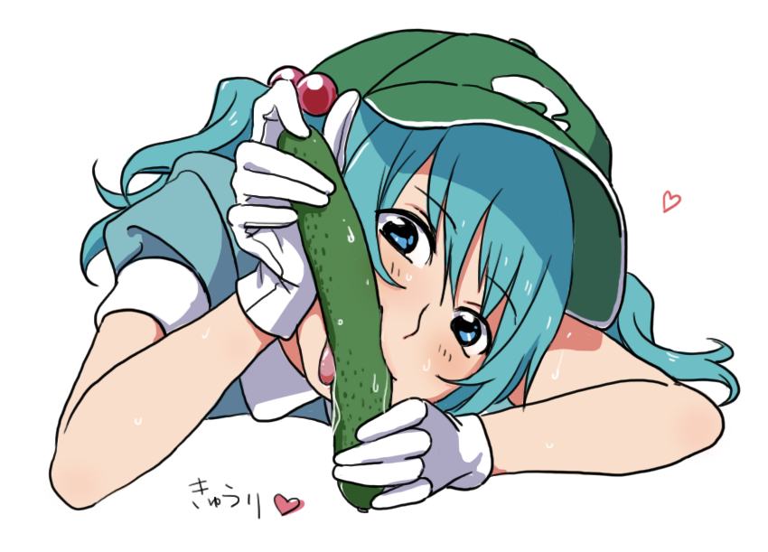 1girl blue_eyes blue_hair cucumber gloves hair_bobbles hair_ornament hat heart kawashiro_nitori licking puffy_sleeves sexually_suggestive short_hair short_sleeves simple_background solo sweat text tojo_(strit2p) tongue tongue_out touhou twintails white_background white_gloves