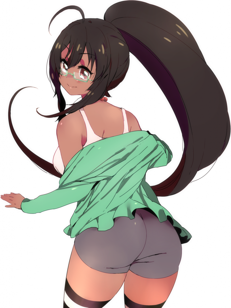 1girl ahoge ass bare_shoulders black_hair borrowed_character breasts cyron_tanryoku dark_skin from_behind glasses green-framed_glasses huge_ahoge long_hair off_shoulder original peachmaiden ponytail red_eyes semi-rimless_glasses shorts solo striped striped_legwear tank_top thigh-highs under-rim_glasses very_dark_skin very_long_hair