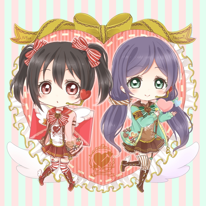 2girls angel_wings armband bangs black_hair boots bow chibi frills garter_straps green_eyes hair_bow happy_valentine headset heart knees_together_feet_apart letter love_live!_school_idol_project mashuhope_(chinesere) multiple_girls purple_hair red_eyes ribbon scrunchie standing_on_one_leg striped striped_background striped_legwear thigh-highs toujou_nozomi twintails vertical-striped_background vertical-striped_legwear vertical_stripes winged_shoes wings yazawa_nico