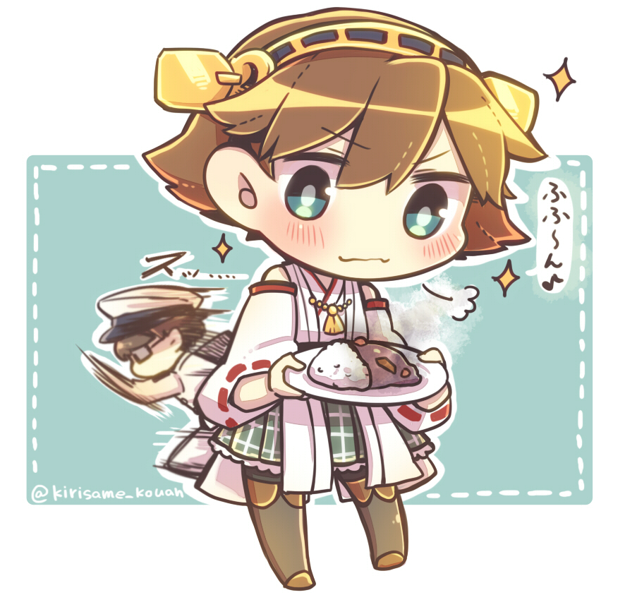 1boy 1girl :3 admiral_(kantai_collection) blue_eyes brown_hair chibi curry detached_sleeves food glasses hairband hat hiei_(kantai_collection) japanese_clothes kantai_collection looking_at_viewer military military_uniform musical_note naval_uniform nontraditional_miko reimu9 running short_hair sparkle thigh-highs uniform wavy_mouth wide_sleeves