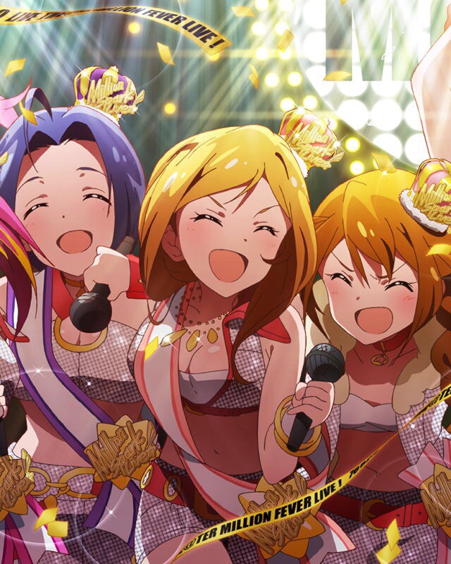 3girls artist_request baba_konomi beamed_quavers card_(medium) closed_eyes crown idolmaster idolmaster_million_live! jewelry jpeg_artifacts microphone miura_azusa momose_rio multiple_girls necklace official_art open_mouth source_request