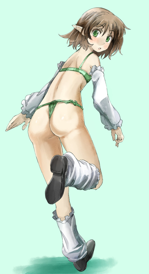 1girl ass bare_shoulders bra brown_hair commentary_request detached_collar fundoshi green_bra green_eyes leg_warmers loafers looking_back midriff mizuhashi_parsee open_mouth pointy_ears shoes short_hair solo touhou underwear yohane