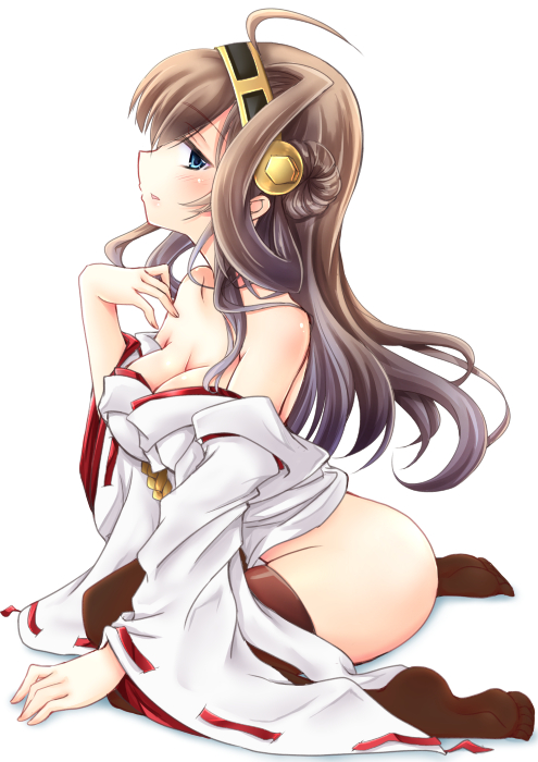 1girl ahoge blue_eyes breasts brown_hair chize cleavage detached_sleeves hairband japanese_clothes kantai_collection kongou_(kantai_collection) long_hair looking_at_viewer no_pants nontraditional_miko off_shoulder partially_undressed sitting solo thigh-highs wariza wide_sleeves