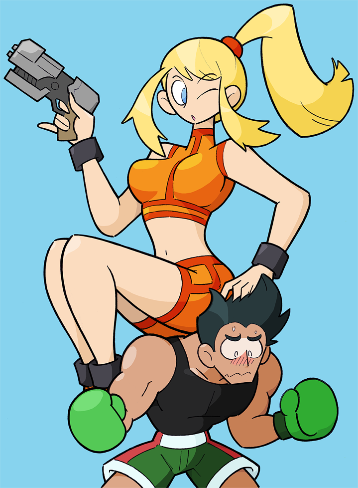 blush boxing_gloves crop_top height_difference little_mac metroid midriff nintendo one_eye_closed ponytail punch-out!! samus_aran shenanimation shorts size_difference super_smash_bros. zero_suit