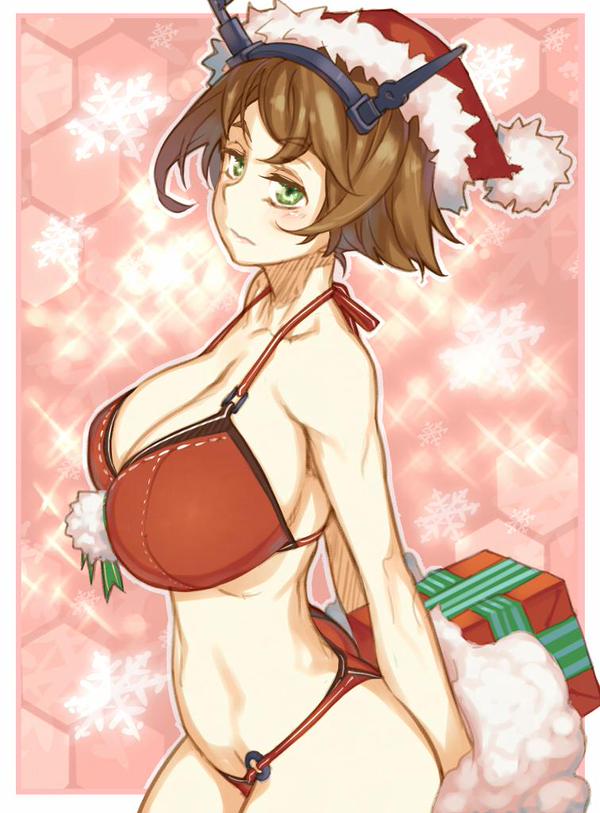 1girl bikini breasts christmas hat huge_breasts kantai_collection mutsu_(kantai_collection) santa_costume santa_hat short_hair solo swimsuit