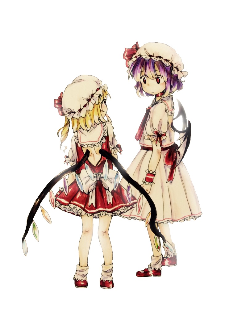 2girls arm_ribbon back_cutout bat_wings blonde_hair bow choker clenched_hand collar dress expressionless finger_to_mouth flandre_scarlet frilled_collar hat hat_bow height_difference looking_at_another looking_down looking_up marker_(medium) mary_janes mob_cap multiple_girls purple_hair red_dress red_eyes remilia_scarlet shoes short_hair short_sleeves siblings side_ponytail simple_background sisters socks touhou traditional_media umikinoko_(umitake) white_background white_dress wings wrist_cuffs