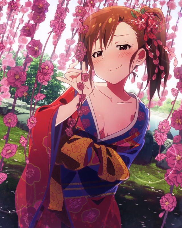 1girl blush breasts brown_eyes brown_hair character_name flower futami_mami hair_ornament idolmaster idolmaster_million_live! japanese_clothes kimono looking_at_viewer official_art side_ponytail signature smile