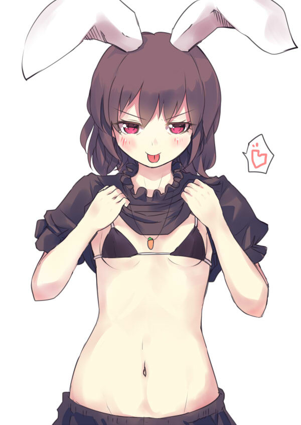 1girl alternate_color animal_ears black_bikini_top breasts brown_hair carrot culter heart inaba_tewi jewelry looking_at_viewer micro_bikini_top navel necklace pendant pink_eyes puffy_short_sleeves puffy_sleeves rabbit_ears shirt short_sleeves skirt skirt_lift small_breasts smile solo spoken_heart tongue tongue_out touhou under_boob
