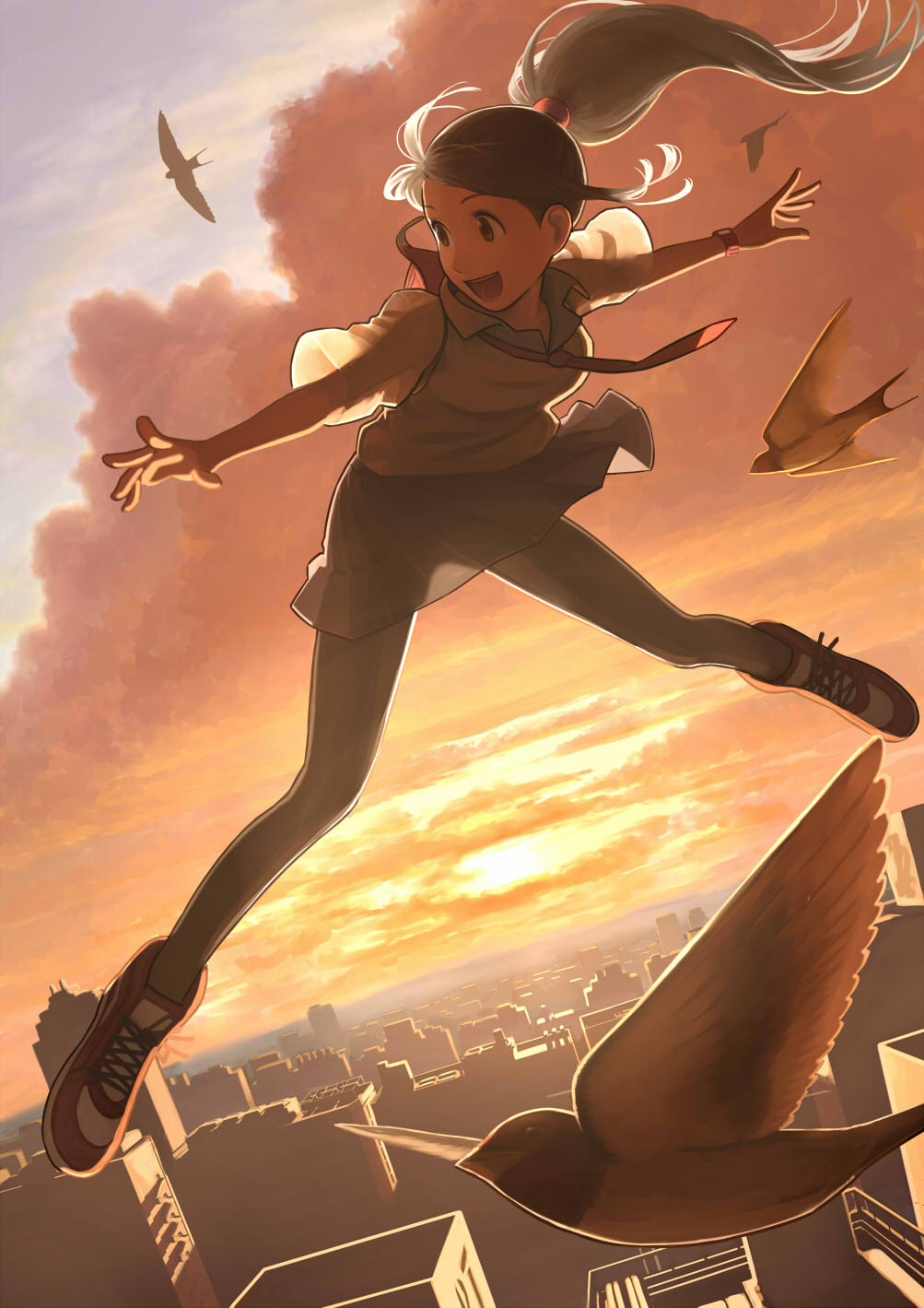 1girl bird black_legwear brown_eyes brown_hair building city cityscape clouds commentary dutch_angle flying highres horizon light long_hair necktie open_mouth original outstretched_arms pantyhose ponytail rikizo school_uniform see-through shoes sky smile sneakers solo sunset surreal swallow watch watch wind