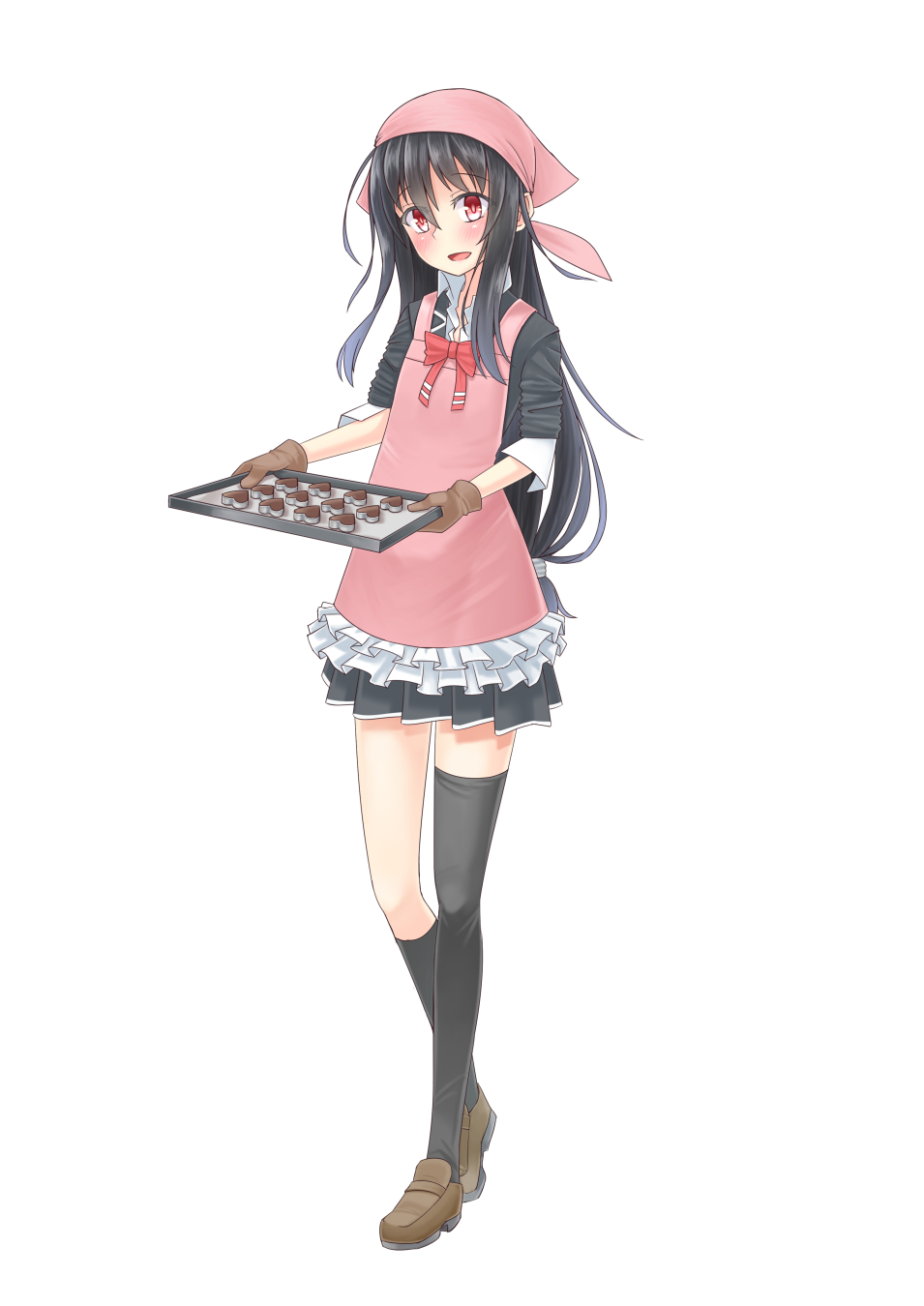 1girl apron black_hair black_legwear black_skirt blazer blush brown_gloves brown_shoes cookie food full_body gloves hair_ornament hatsushimo_(kantai_collection) head_scarf highres kantai_collection kneehighs loafers long_hair looking_at_viewer low-tied_long_hair open_mouth oven_mitts pink_apron pleated_skirt red_eyes red_ribbon ribbon school_uniform serafuku shoes simple_background single_kneehigh single_thighhigh skirt sleeves_folded_up smile solo standing tenugui thigh-highs tray uniform valentine white_background zaki_(2872849)