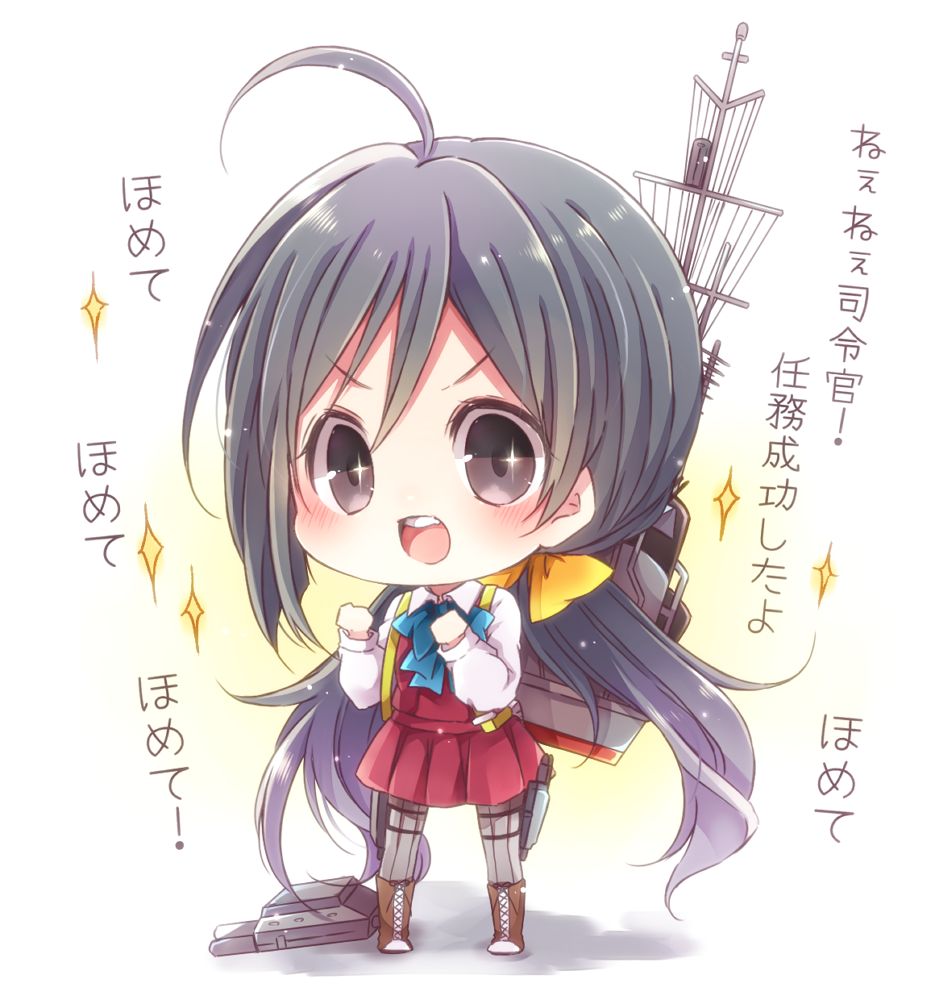 &gt;:d 1girl :d ahoge bow chibi grey_eyes hair_bow hair_ribbon kantai_collection kiyoshimo_(kantai_collection) long_hair looking_at_viewer low_twintails machinery natubudou open_mouth pleated_skirt ribbon school_uniform silver_hair skirt smile solo sparkle translation_request twintails