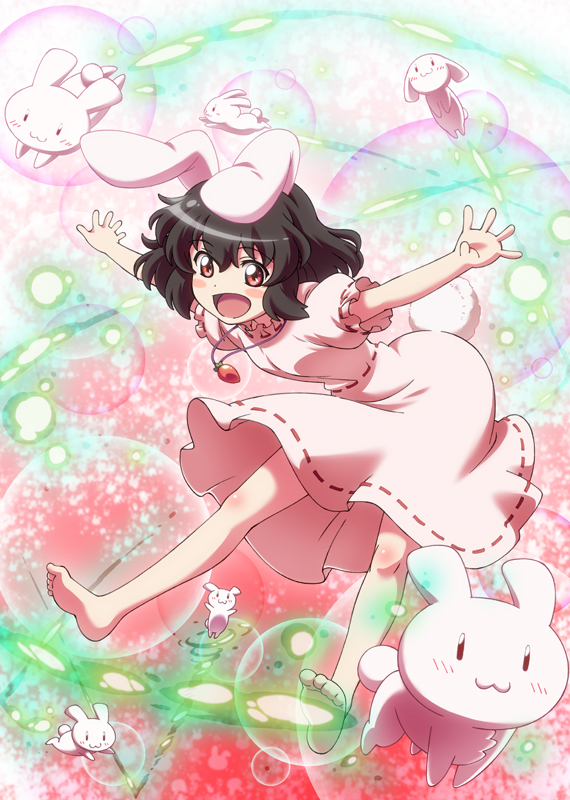 1girl =3 animal_ears barefoot black_hair bunny_tail carrot dress inaba_tewi jewelry lunamoon necklace outstretched_arms pendant pink_dress puffy_short_sleeves puffy_sleeves rabbit rabbit_ears red_eyes short_sleeves smile solo tail too_many_bunnies touhou