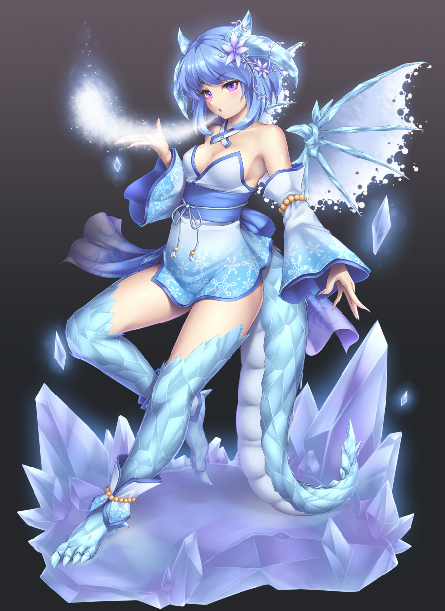1girl bare_shoulders blue_hair blush breasts cleavage detached_sleeves hair_ornament highres ice ice_wings looking_at_viewer monster_girl obi open_mouth original sand-rain sasaame sash short_hair solo tail violet_eyes wings