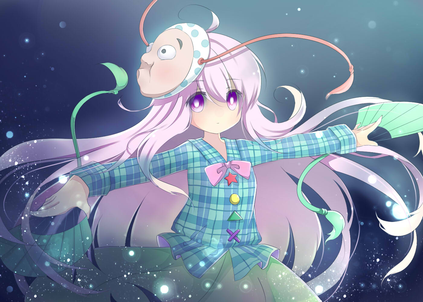 1girl backlighting blue_background bubble_skirt ellipsis_(mitei) expressionless fan folding_fan hata_no_kokoro light_particles long_hair looking_at_viewer noh_mask outstretched_arms pink_hair plaid plaid_shirt skirt solo spread_arms star touhou triangle violet_eyes x