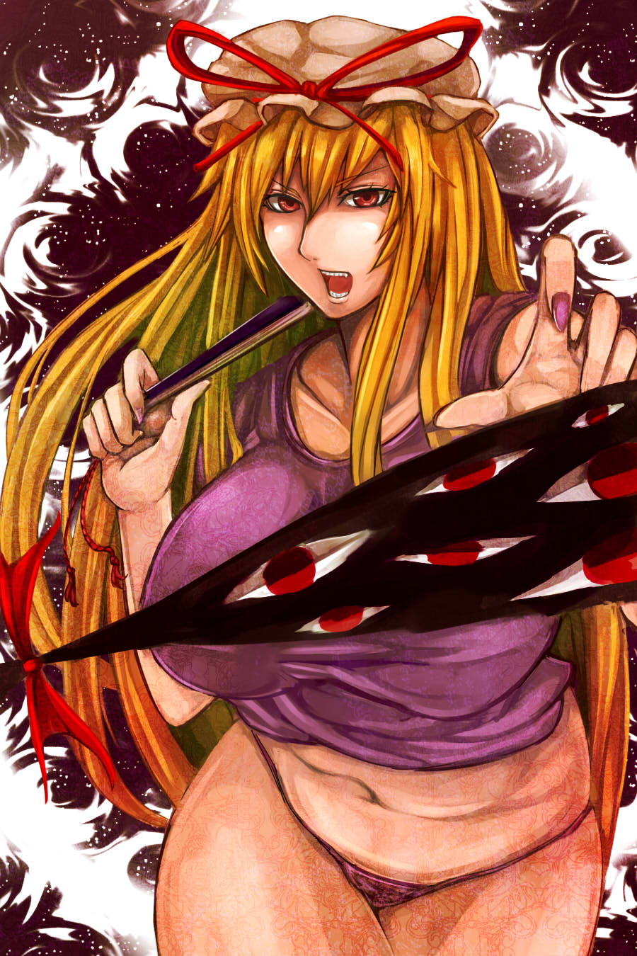 1girl angry belly blonde_hair bow breasts closed_fan collarbone eyes fan fingerless_gloves folding_fan gap gloves hat hat_ribbon highres huge_breasts long_hair looking_at_viewer mob_cap nail_polish navel neck nose open_mouth panties patterned plump purple_nails purple_panties red_eyes ribbon seiya_(cardigan) solo star starry_background tank_top teeth thick_thighs thighs tongue touhou underwear very_long_hair when_you_see_it yakumo_yukari