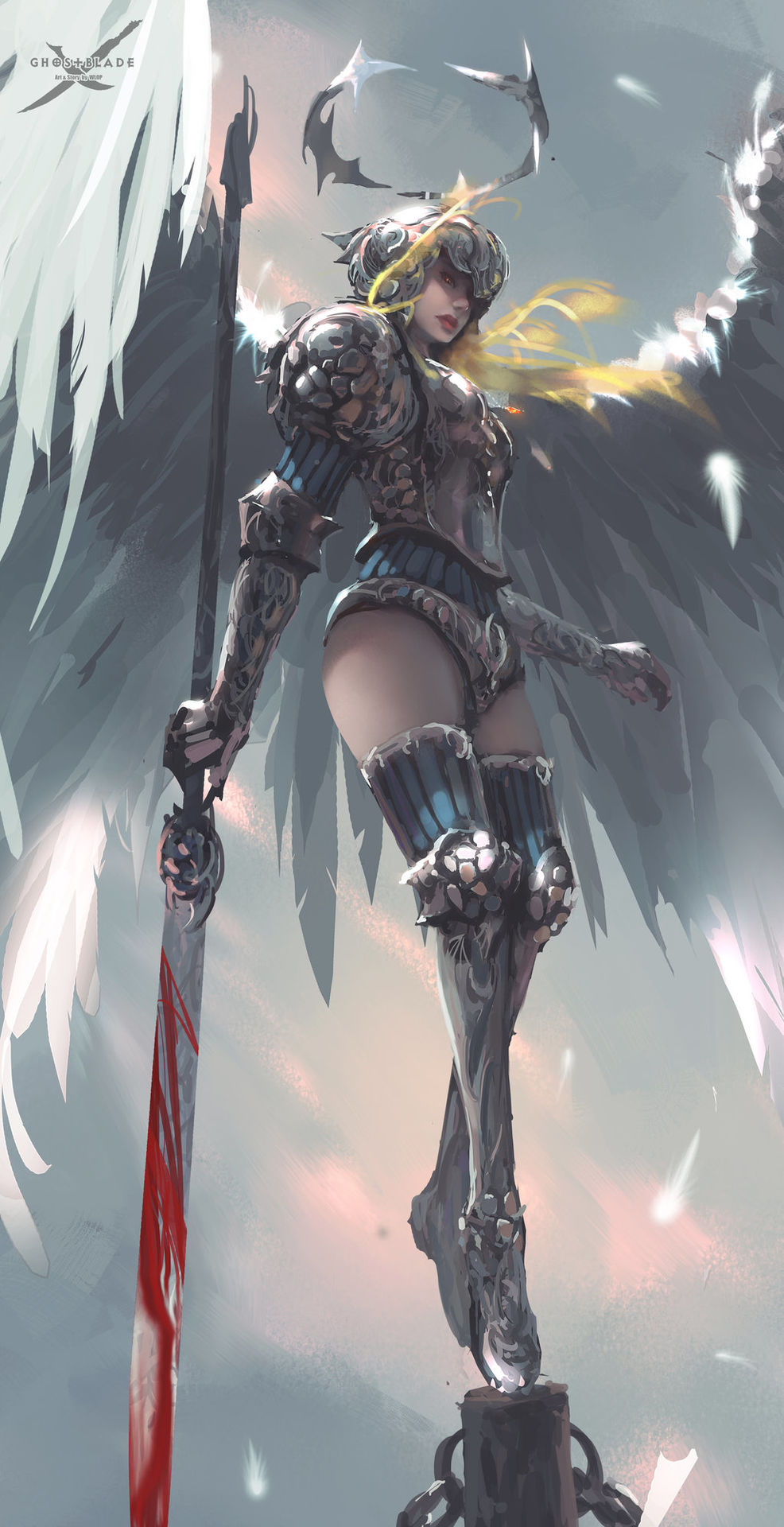 1girl angel blonde_hair blood bloody_weapon breastplate feathered_wings gauntlets glaive greaves halo helmet highres lips long_hair nose on_pole original red_eyes solo standing_on_one_leg striped striped_legwear thigh-highs tiptoes vertical-striped_legwear vertical_stripes weapon wings wlop
