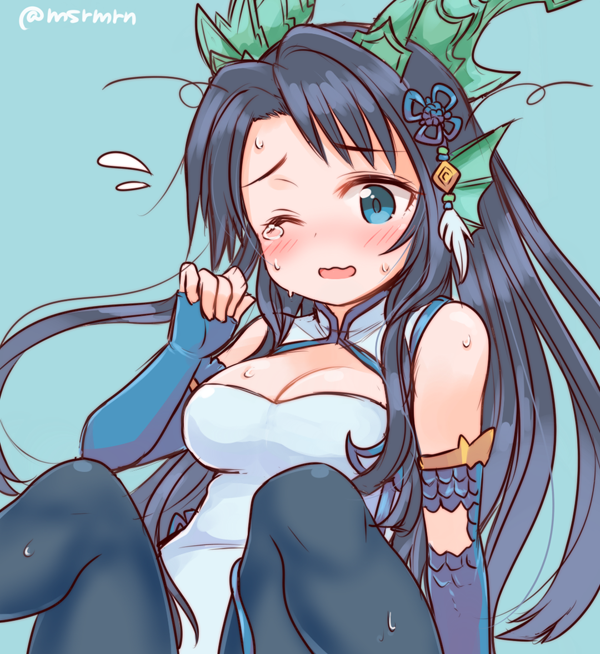 1girl bare_shoulders black_hair black_legwear blue_background blue_dress blue_eyes blush breasts china_dress chinese_clothes cleavage cleavage_cutout dragon_girl dragon_horns dress hair_ornament head_fins horns karin_(p&amp;d) long_hair marshmallow_mille one_eye_closed open_mouth pantyhose puzzle_&amp;_dragons simple_background sitting solo sweat twitter_username very_long_hair wavy_mouth