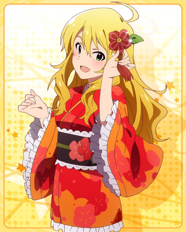 1girl ahoge artist_request blonde_hair blush card_(medium) green_eyes hair_ornament hoshii_miki idolmaster idolmaster_million_live! japanese_clothes kimono long_hair looking_at_viewer official_art open_mouth smile solo source_request