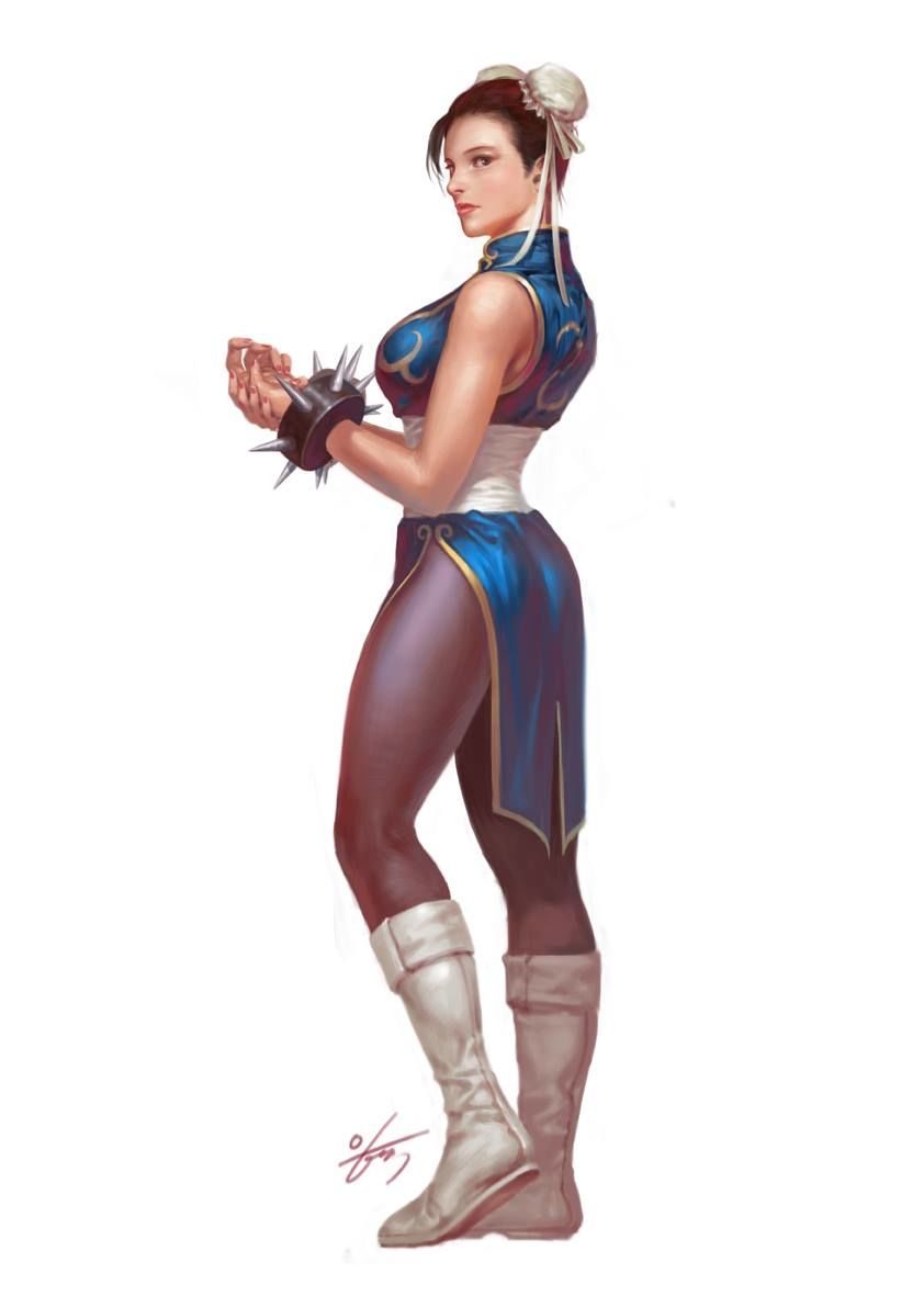 1girl bare_shoulders boots bracelet breasts brown_eyes brown_hair bun_cover china_dress chinese_clothes chun-li double_bun earrings from_side full_body in-hyuk_lee jewelry knee_boots large_breasts lips nose pantyhose sash short_hair side_slit sleeveless solo spiked_bracelet spikes standing street_fighter