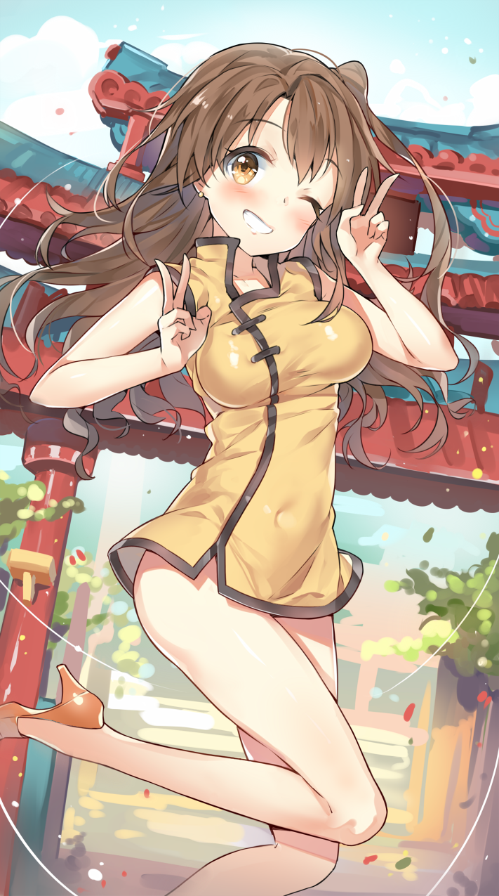 1girl bare_legs blush breasts brown_eyes brown_hair china_dress chinese_clothes cozyquilt double_v earrings grin high_heels highres idolmaster idolmaster_cinderella_girls jewelry large_breasts long_hair looking_at_viewer one_eye_closed shimamura_uzuki side_ponytail smile solo torii v