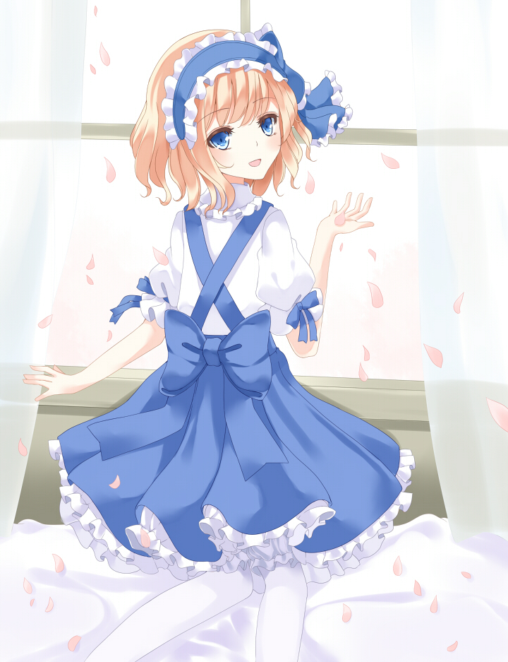 1girl alice_margatroid alice_margatroid_(pc-98) blonde_hair blue_eyes bow curtains frilled_skirt frills hairband hand_up layered_dress lolita_hairband looking_at_viewer looking_back nanatuki13 open_mouth pantyhose petals puffy_short_sleeves puffy_sleeves ribbon short_sleeves skirt smile solo touhou touhou_(pc-98) white_legwear window