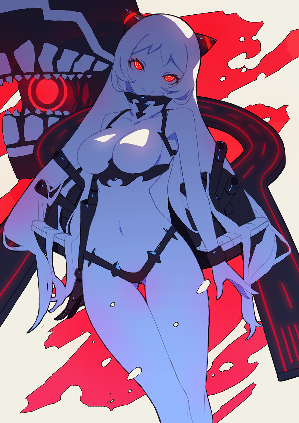 1girl airfield_hime bare_arms bare_shoulders black_panties breasts cannon crop_top flight_deck glowing glowing_eyes highres horns kantai_collection large_breasts llc long_hair midriff navel panties restricted_palette shinkaisei-kan silver_hair smile solo underwear very_long_hair