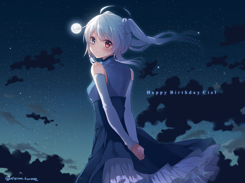 1girl arms_behind_back blue_eyes blush ciel_sacred clouds cloudy_sky detached_sleeves dress hair_ornament heterochromia long_hair looking_at_viewer looking_back mishima_kurone moon night night_sky original red_eyes silver_hair sky smile solo twintails white_hair