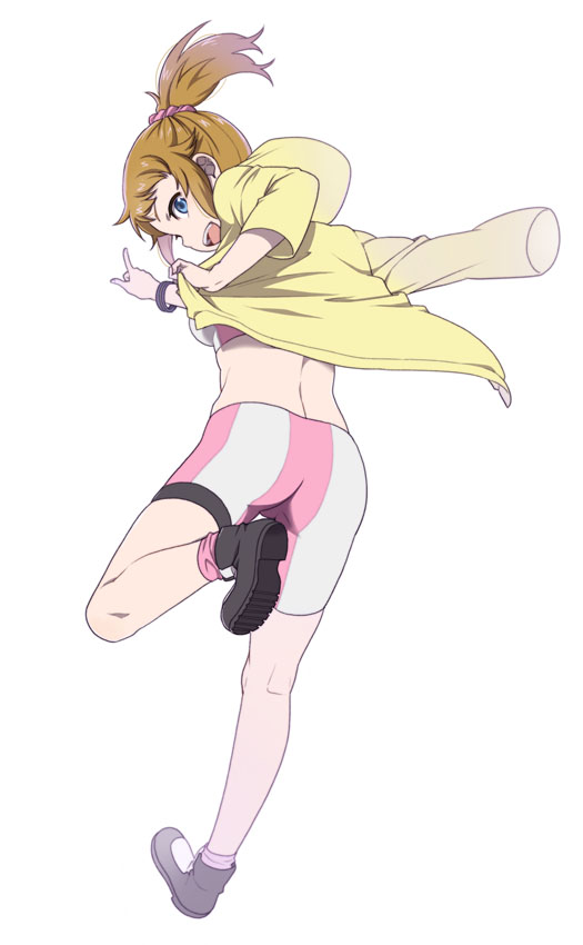 1girl ass back bike_shorts blue_eyes bracelet brown_hair gundam gundam_build_fighters gundam_build_fighters_try hoshino_fumina jewelry mattaku_mousuke ponytail smile solo standing_on_one_leg