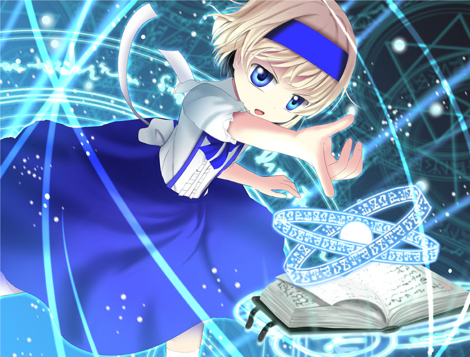 a_(aaaaaaaaaaw) alice_margatroid alice_margatroid_(pc-98) blonde_hair blue_eyes book glowing hairband layered_dress light_trail looking_at_viewer magic_circle open_book open_mouth pointing ribbon short_hair short_sleeves suspenders touhou touhou_(pc-98)