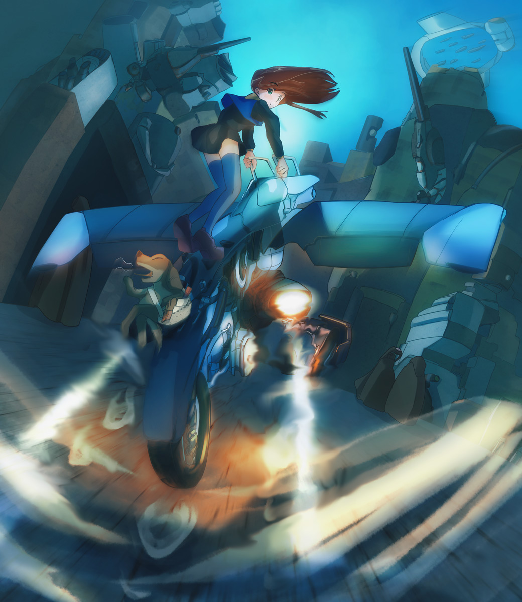 1girl afterburner antiaircraft_weapon blue_eyes blue_legwear brown_hair closed_eyes commentary dog dutch_angle heat_haze highres long_sleeves looking_back motor_vehicle motorcycle original science_fiction seatbelt shoes skirt solo_focus thigh-highs torise_kai vehicle yawning