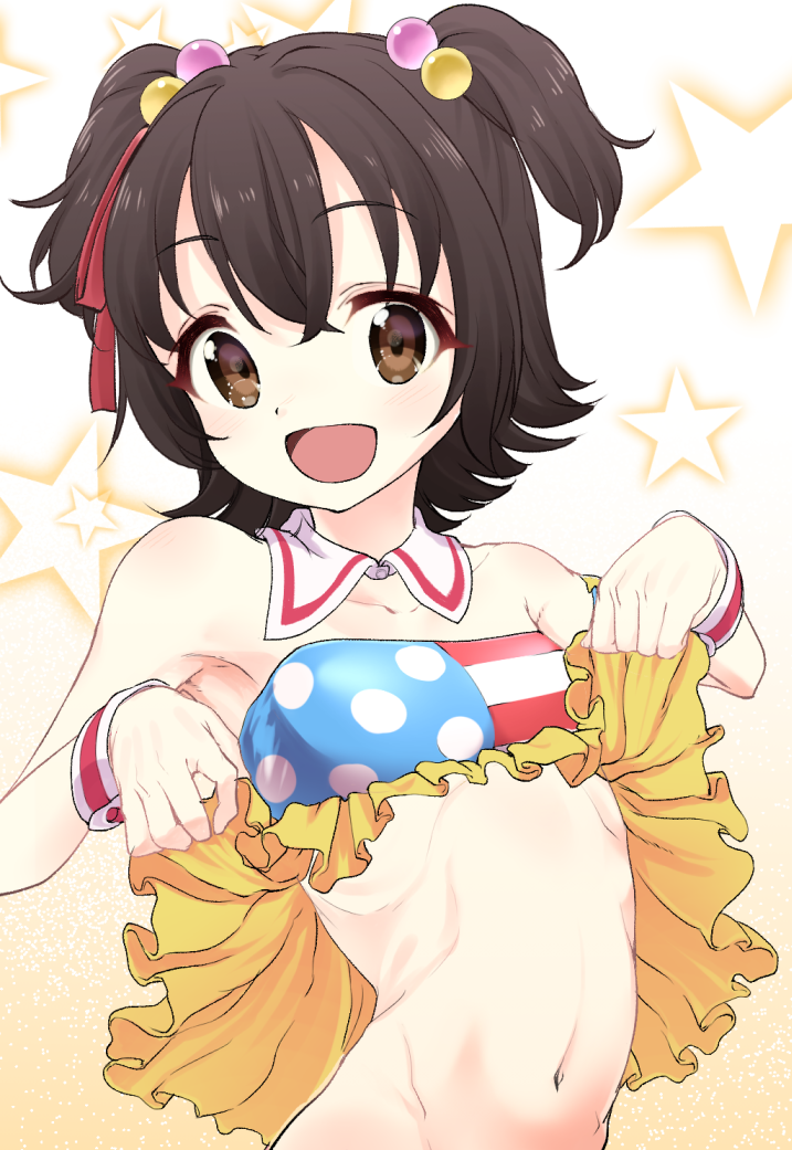 1girl :d akagi_miria black_hair blush bottomless brown_eyes detached_collar hair_bobbles hair_ornament hair_ribbon idolmaster idolmaster_cinderella_girls kyuu_(award) looking_at_viewer navel open_mouth ribbon shirt_lift short_hair smile solo twintails two_side_up wristband