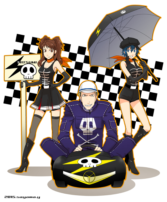 1boy 2girls blonde_hair blue_eyes blue_hair boots breasts brown_eyes brown_hair cleavage driving elbow_gloves gloves go_kart helmet high_heel_boots high_heels kujikawa_rise motor_vehicle multiple_girls persona persona_4 racequeen scarf shirogane_naoto short_shorts shorts skirt sleeveless tatsumi_kanji thigh-highs umbrella vehicle yukichiro