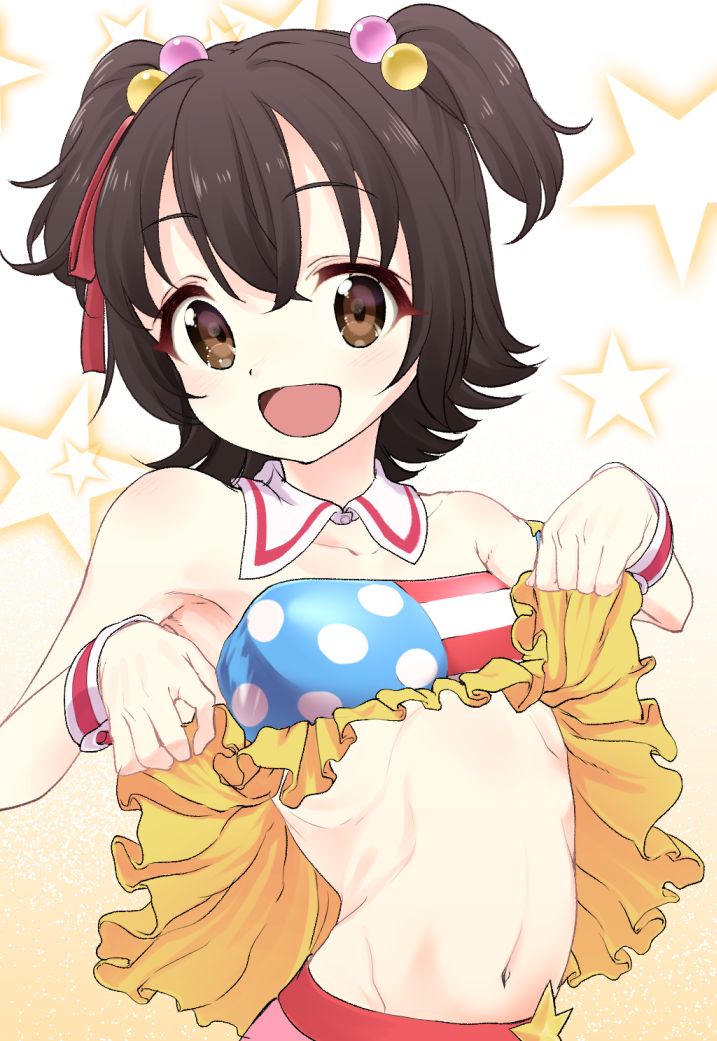 1girl :d akagi_miria black_hair blush brown_eyes detached_collar hair_bobbles hair_ornament hair_ribbon idolmaster idolmaster_cinderella_girls kyuu_(award) looking_at_viewer midriff navel open_mouth ribbon shirt_lift short_hair smile solo twintails two_side_up wristband